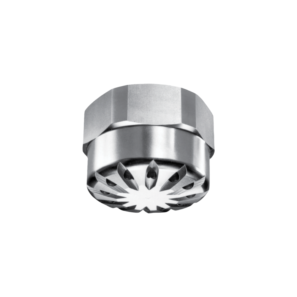 SS misting nozzle create multiple flat fan patterns producing coarser spray at lower pressures and dense, far-reaching mist at high pressures. Compact design.